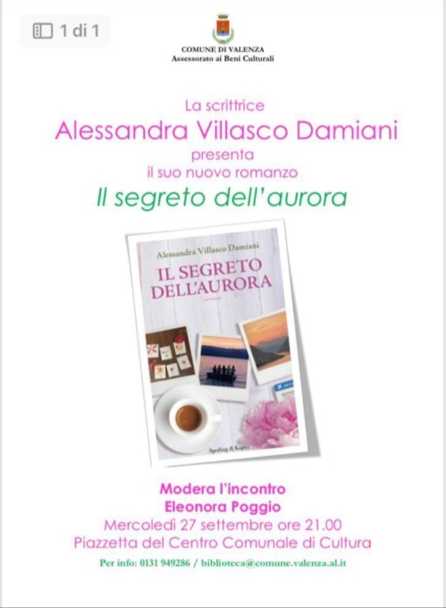 Valenza, mercoledì 27 settembre presentazione del nuovo romanzo di Alessandra Villasco Damiani “Il segreto dell’aurora”