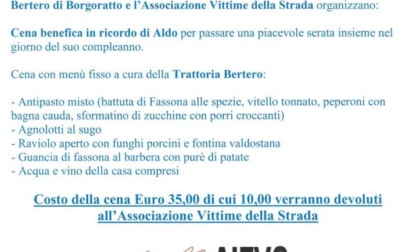 Martedì 3 ottobre cena benefica in ricordo di Aldo Di Virgilio a Borgoratto Alessandrino