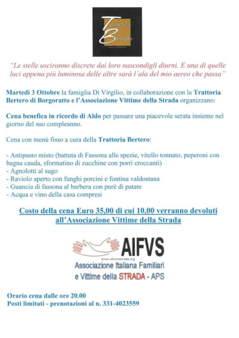 Martedì 3 ottobre cena benefica in ricordo di Aldo Di Virgilio a Borgoratto Alessandrino