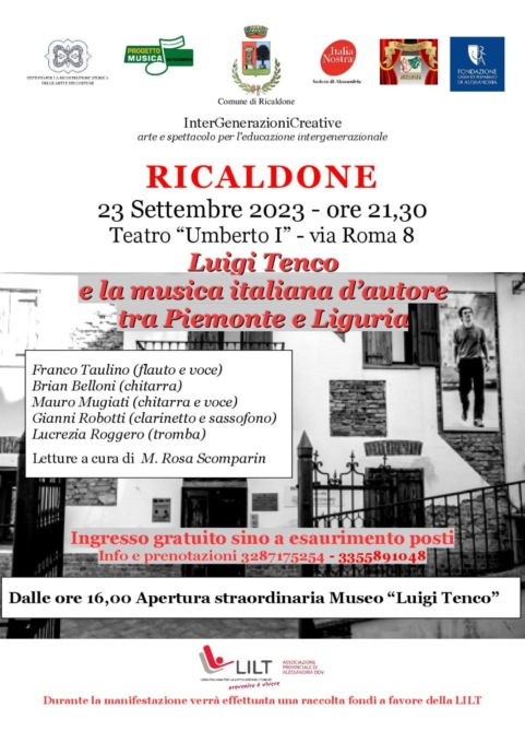 Il 23 settembre a Ricaldone una serata dedicata a Luigi Tenco