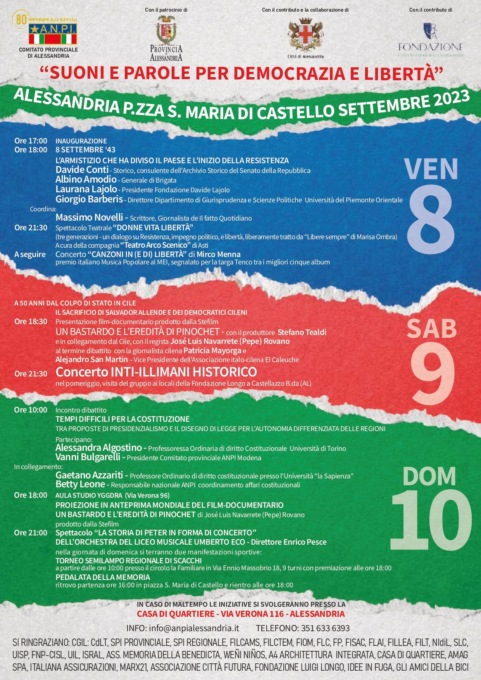 Alessandria, l’8, 9 e 10 settembre appuntamento in piazza Santa Maria di Castello con “Suoni e parole per democrazia e libertà”