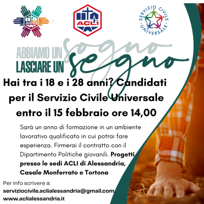 Le ACLI di Alessandria aps cercano 4 giovani dai 18 ai 28 anni per il servizio civile
