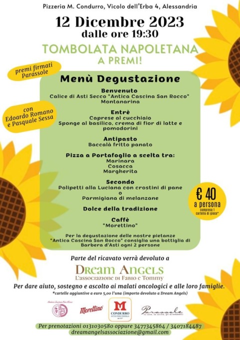 Alessandria: cena e tombolata napoletana benefica a favore di Dream Angels