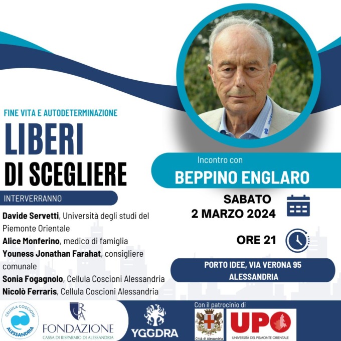 Alessandria, sabato 2 marzo incontro con Beppino Englaro su fine vita e autodeterminazione