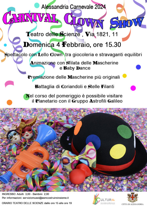 Domenica 4 febbraio, al Teatro delle Scienze di Alessandria il “Carnival Clown Show”