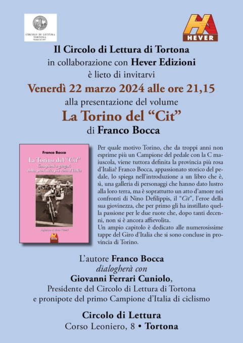 Tortona, venerdì 22 marzo presentazione del libro “La Torino del “Cit” di Franco Bocca