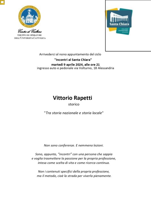 Questa sera alle ore 21 l’incontro “Tra storia nazionale e storia locale” con Vittorio Rapetti