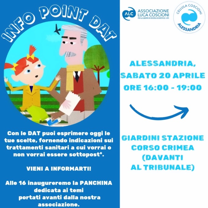 Associazione Coscioni: domani ad Alessandria  sportello DAT e inaugurazione panchina