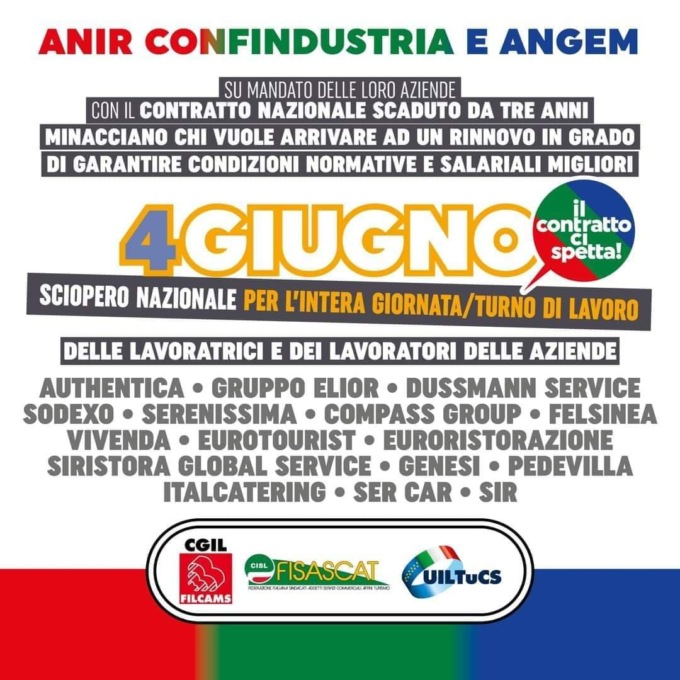 Alessandria, martedì 4 giugno sciopero in aziende ANIR e ANGEM della Ristorazione collettiva