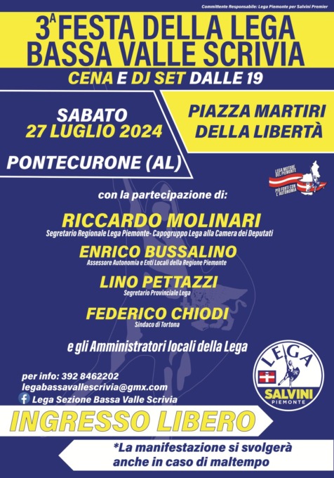 Pontecurone, sabato 27 la terza Festa della Lega della Bassa Valle Scrivia