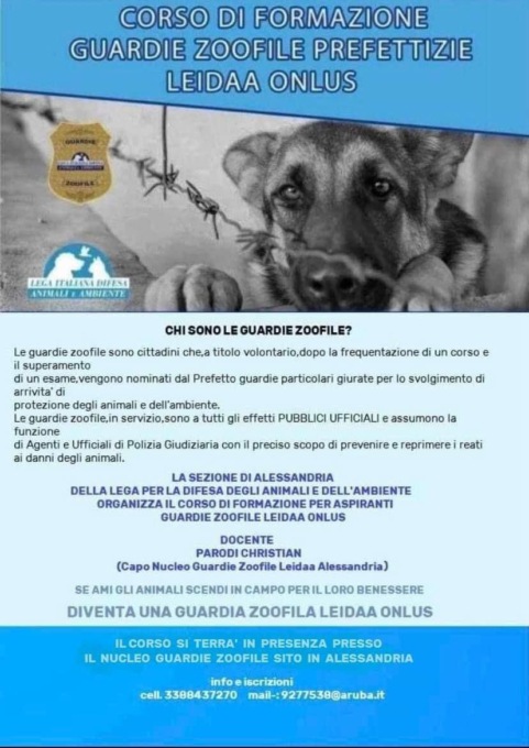 Alessandria, dal 22 settembre nuovo corso per guardie zoofile di LEIDAA