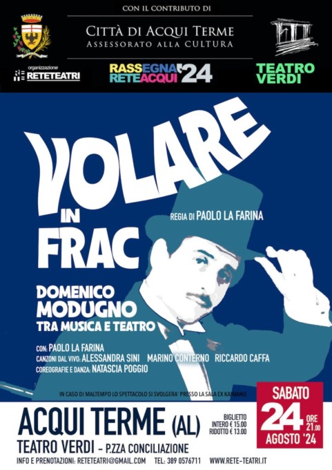 Acqui Terme, sabato “Volare in frac – Domenico Modugno tra Musica e Teatro”