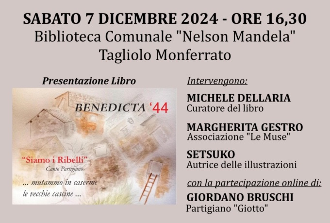 “Quattro chiacchiere d’autore”: a Tagliolo Monferrato la presentazione del libro “Benedicta ’44”