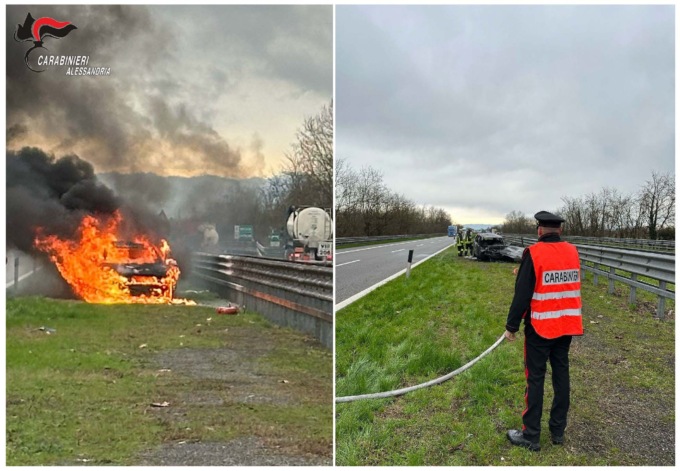 Intrappolati nell’auto in fiamme sulla A21: salvi grazie ai Carabinieri di Serravalle Scrivia