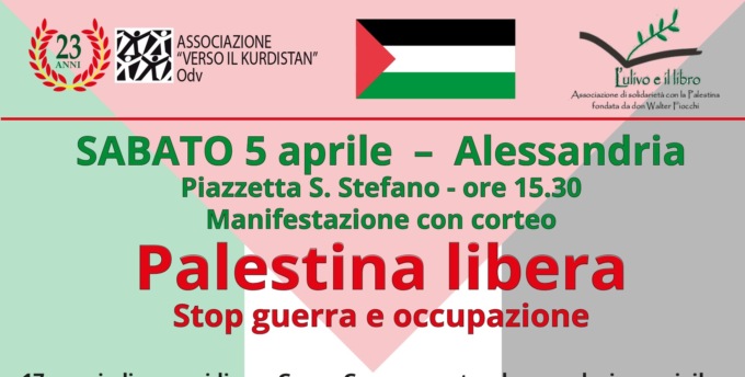Il 5 aprile in piazza Santo Stefano ad Alessandria la manifestazione “Palestina Libera”