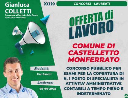 Castelletto Monferrato: bando di concorso per un posto di lavoro in Comune