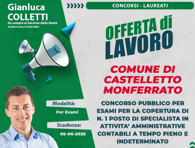 Castelletto Monferrato: bando di concorso per un posto di lavoro in Comune
