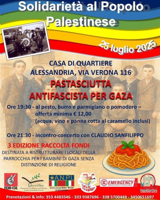 Alla Casa di Quartiere di Alessandria “Pastasciutta antifascista per Gaza”