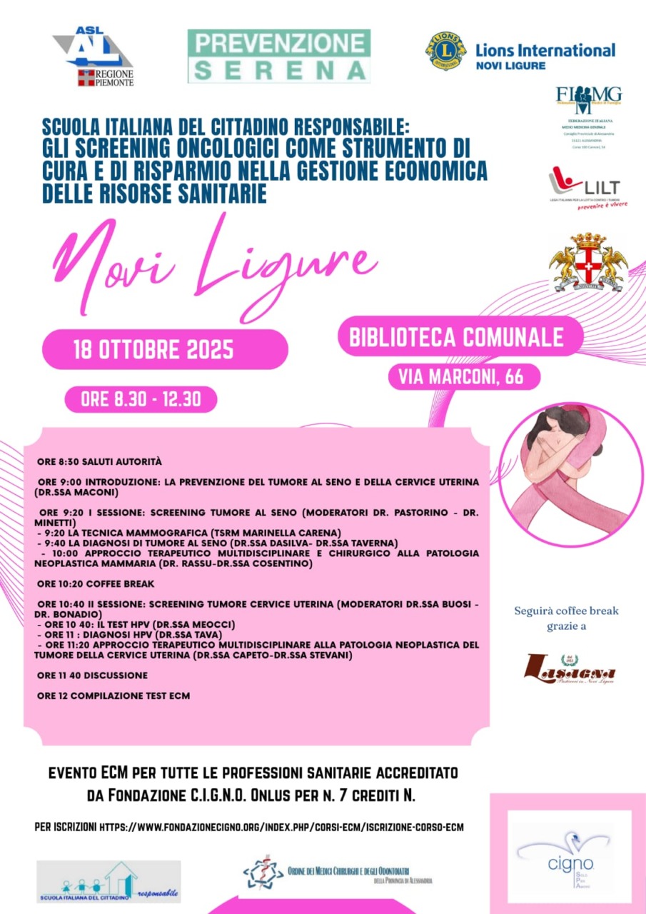 Novi Ligure, il 18 ottobre convegno sugli “screening oncologici come strumento di cura”