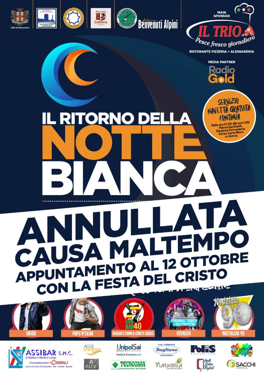 Rischio maltempo: annullata la Notte Bianca al quartiere Cristo di Alessandria