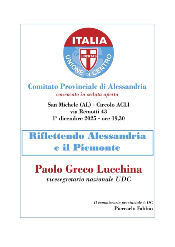 San Michele, lunedì il convegno dell’UDC “Rifletendo Alessandria e il Piemonte”