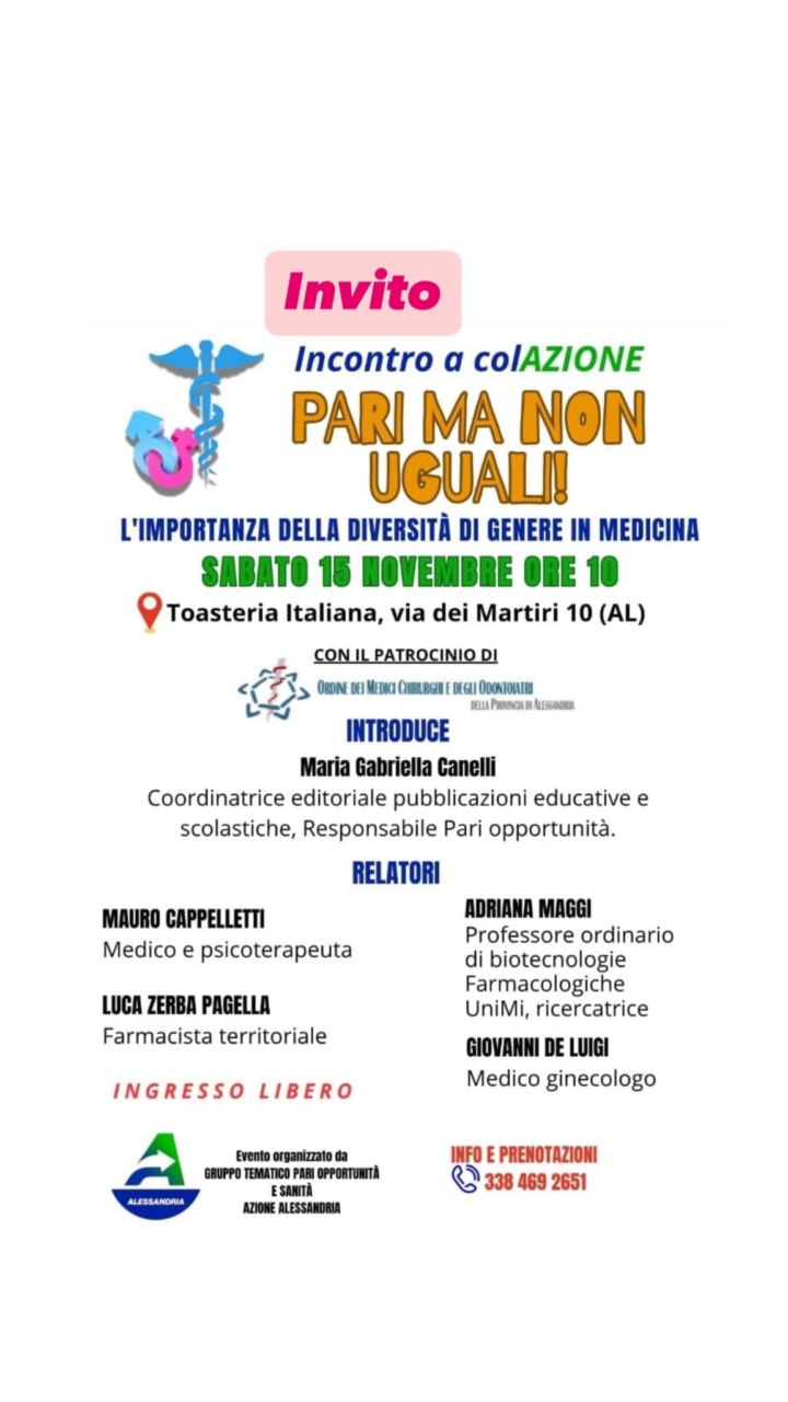 Diversità di genere in medicina: sabato ad Alessandria l’incontro “Pari ma non uguali”