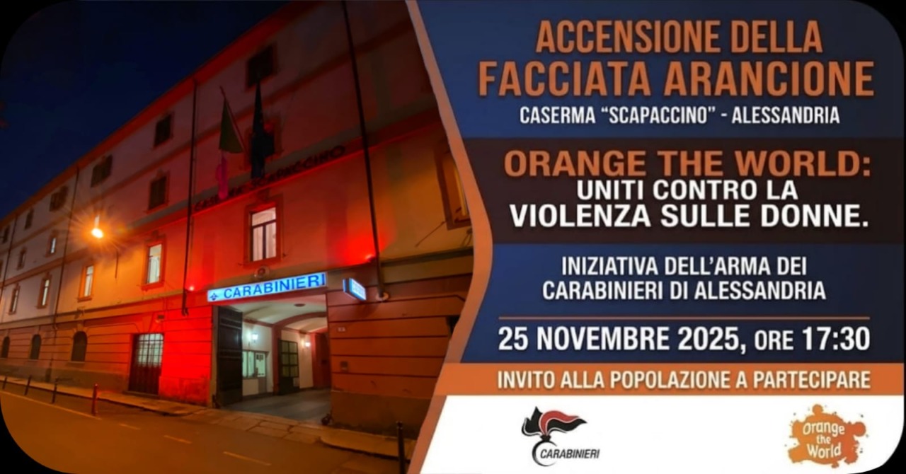 Alessandria, la facciata della Caserma Scapaccino in arancione per “Orange the world”