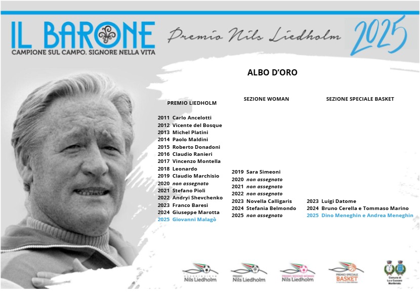 Premio Nils Liedholm a Giovanni Malagò e a Dino e Andrea Meneghin: la cerimonia il 12 novembre