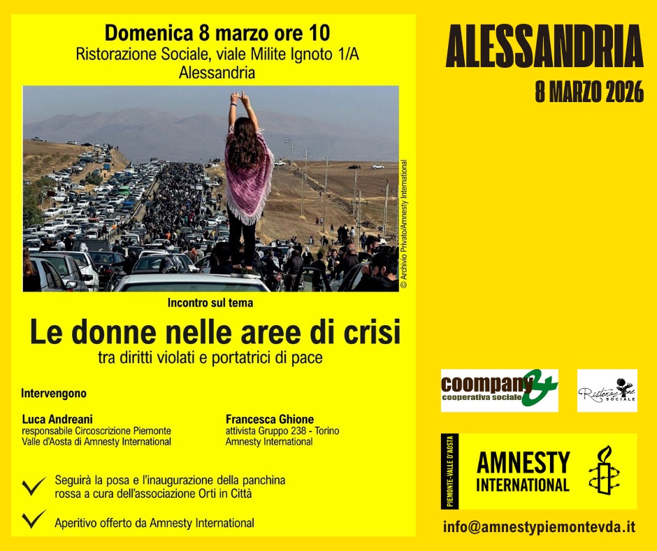 Alessandria, incontro di Amnesty International Piemonte-VdA sulle donne nelle aree di crisi
